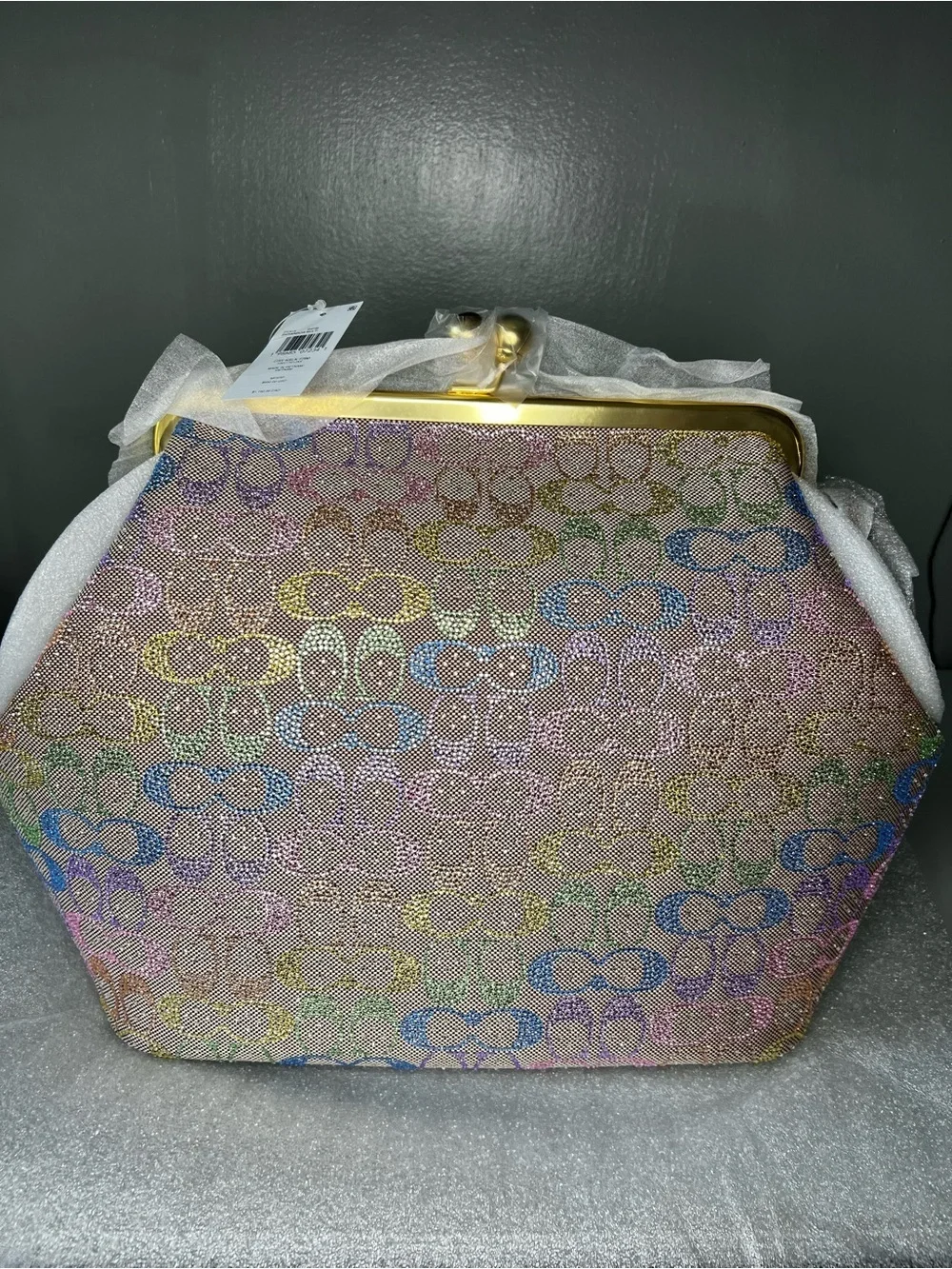 Coach Large Rainbow Crystal Kisslock Frame Leather Shoulder Bag